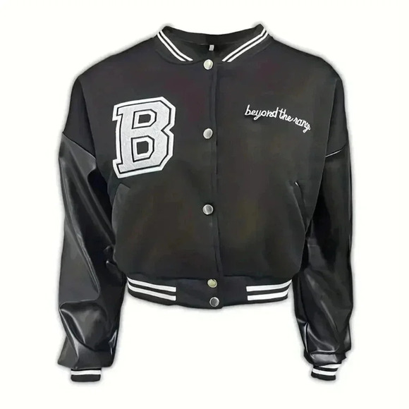 Alphabet (PU Long Sleeve) Crop Baseball Jacket (Color: Black) - Picture 3 of 5